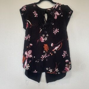 Daniel Rainn Quin Black Floral & Lace Cap Sleeve Split Back Rayon Women's XS